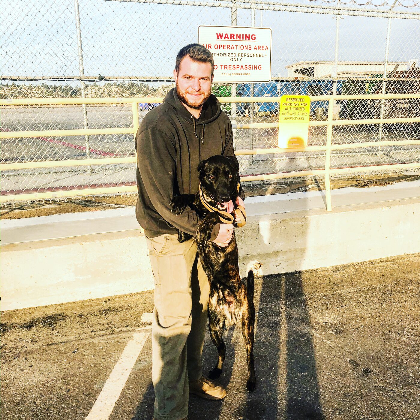 Trainer holding a young working dog puppy during a foundation session